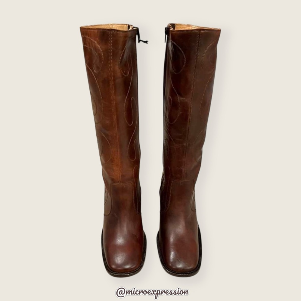 VINTAGE 1970S Frye Conrad Swirl Stitch Embroidered Cognac Brown Tall Knee Boots - Picture 7 of 15